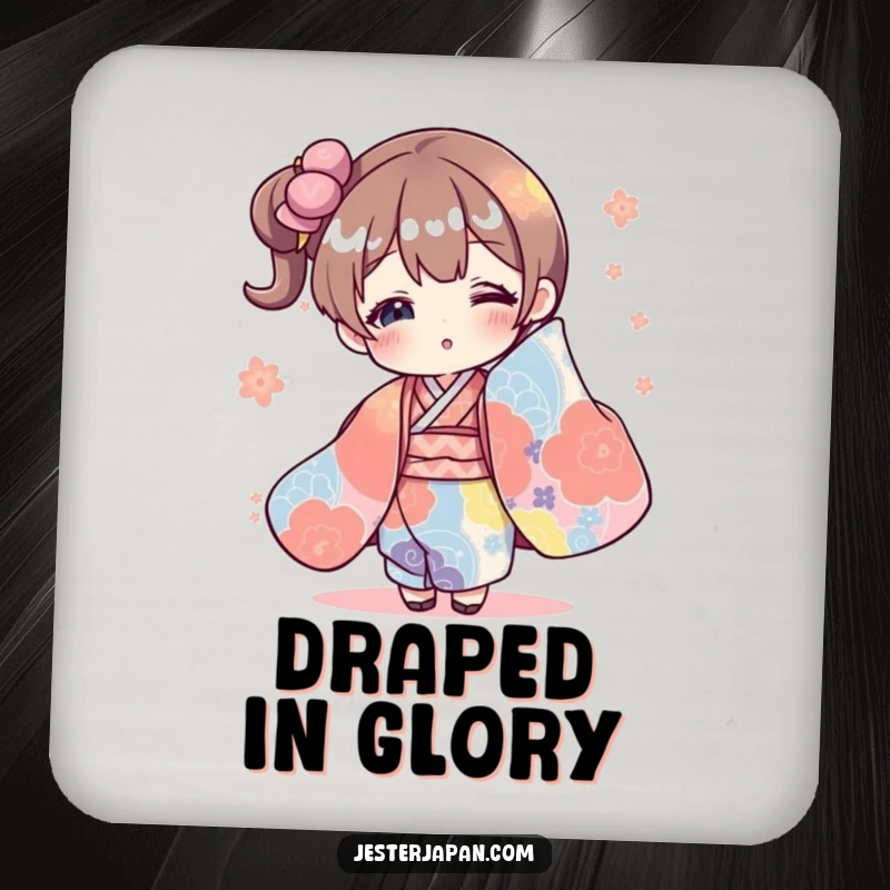 Funny drink coaster featuring a character comically garbed in an oversized kimono, protecting surfaces with humorous style.