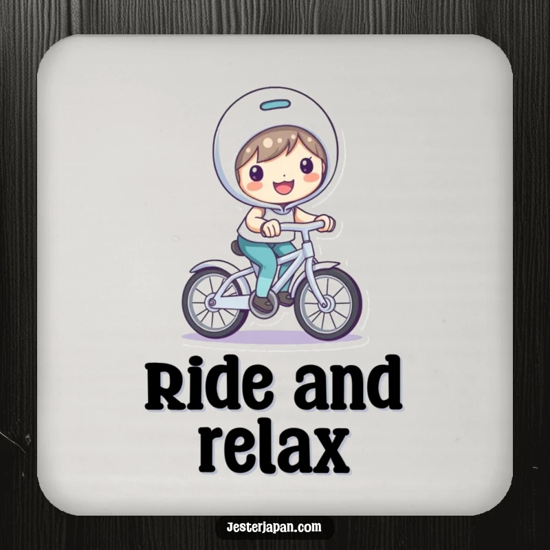 Funny Coaster: Character with a bright smile, riding a small, playful bicycle.