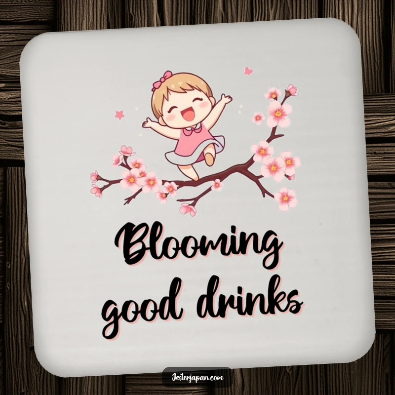 Funny drink coaster showing a cute character leaping over a stylized cherry blossom branch. Protects furniture with a cheerful, spring-themed design.