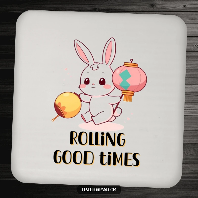 Funny drink coasters featuring a cute bunny character playfully chasing a rolling festival lantern, adding whimsical charm to any surface.