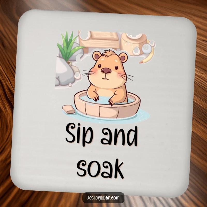 Funny drink coasters featuring a capybara enjoying a hot spring bath, offering protection with humorous, serene vibes.