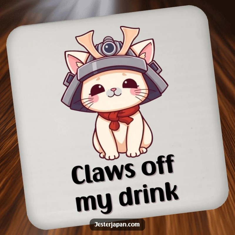 Funny Kawaii cat samurai coaster featuring a cute character wearing a tiny samurai helmet, offering stylish and protective table decor.