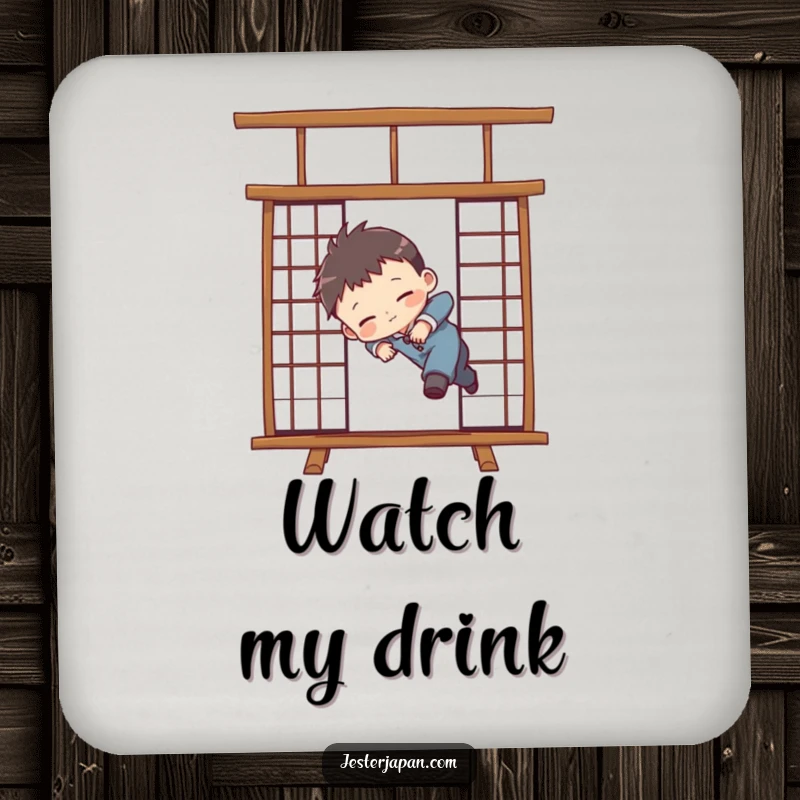 Funny drink coaster with a chibi character comically tripping over a Shoji screen, adding a touch of playful clumsiness.