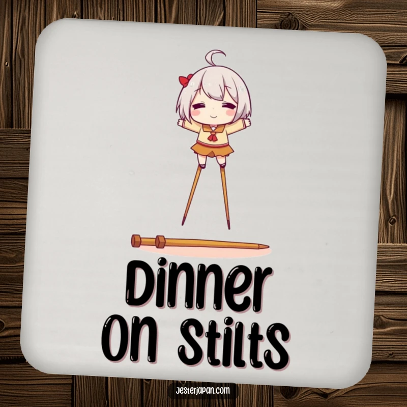 Funny coaster depicting a character balancing on stilts made of chopsticks, offering charming and humorous table protection.