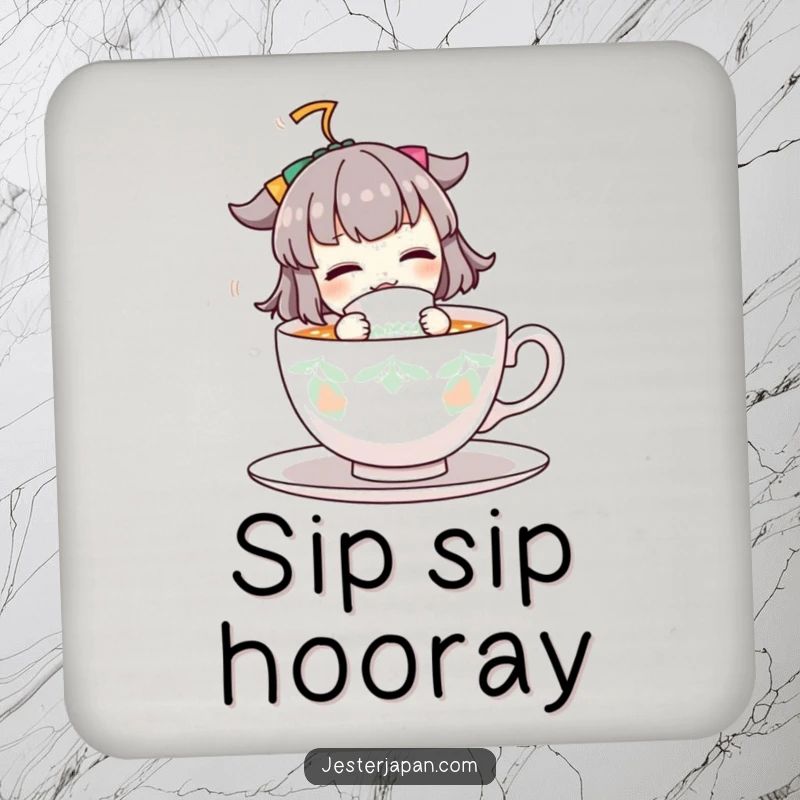 Funny drink coaster featuring a cartoon character with a teacup, protecting furniture with energetic style and humor, great for parties.