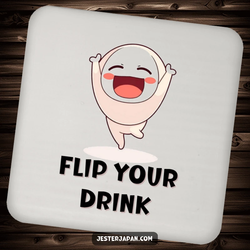 Funny drink coaster featuring a Daruma doll character doing a handstand, protecting surfaces with balance.
