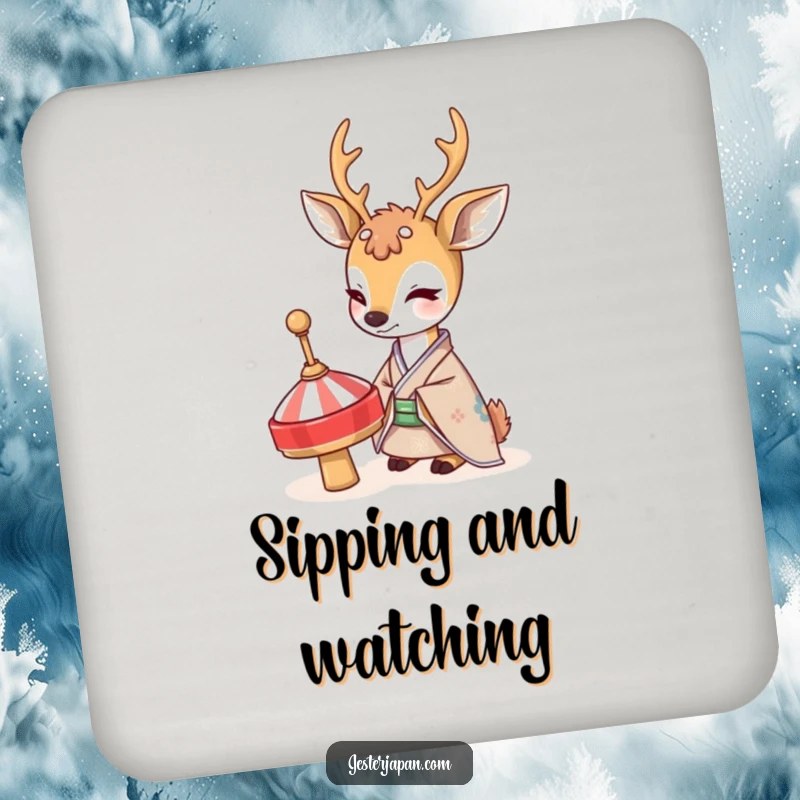 Funny Deer Kimono Coaster: A shy deer in a traditional kimono curiously observes a spinning top, bringing gentle humor to tabletops.