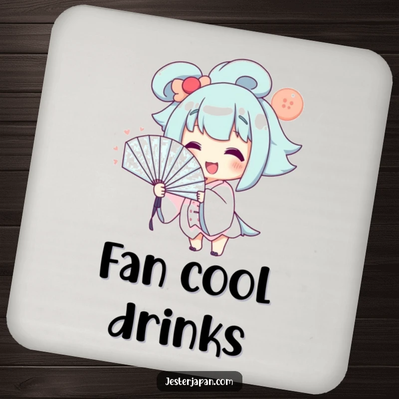 Funny Coaster: Smiling character dramatically fanning themselves with a large fan, protecting surfaces with humor.
