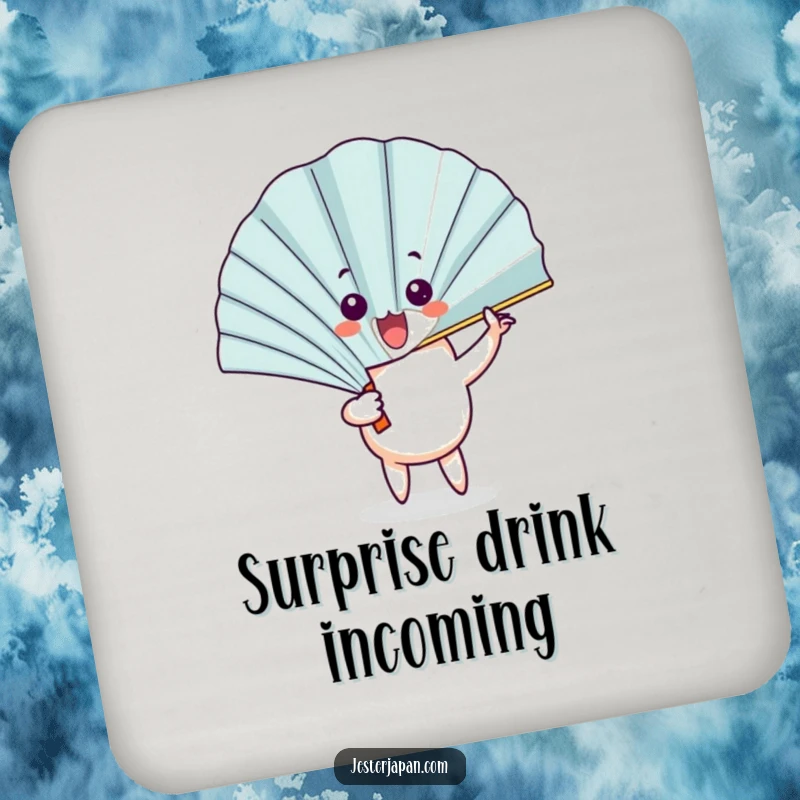 Funny Fan Coasters: Set protecting surfaces with a fan character unfurling with a flourish to reveal a surprised face.