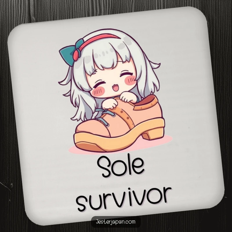 Funny drink coaster with a character with rosy cheeks trying on a giant geta shoe, protecting surfaces with humor.