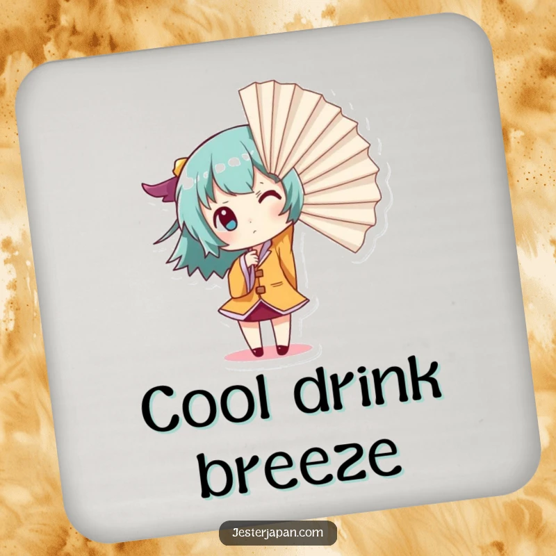 Funny Giant Fan Coaster Set: Small character dramatically creating wind with a giant fan, protecting tables with theatrical flair, a perfect funny gift.