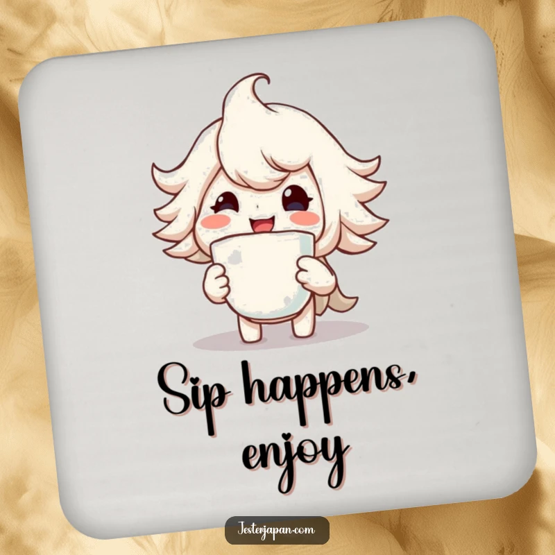 Funny coaster depicting a character with a huge smile holding a steaming cup, perfect for adding cheerful warmth to tables.