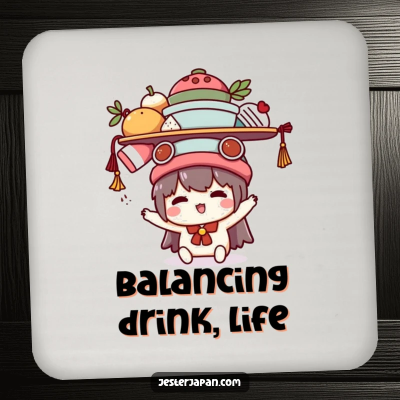 Funny Kawaii coasters featuring a cute character humorously balancing items, protecting surfaces with charming and relatable comedic flair.