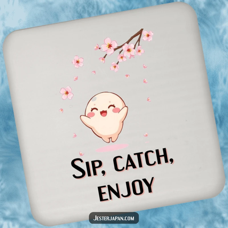 Funny Kawaii coasters featuring a small, round character joyfully catching falling cherry blossoms, protecting surfaces with serene and humorous charm.