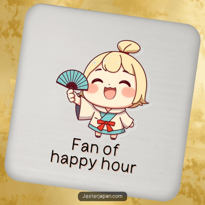 Funny Kawaii Coasters: Grinning character waving a Japanese fan, protecting surfaces with humor. Perfect funny gift.