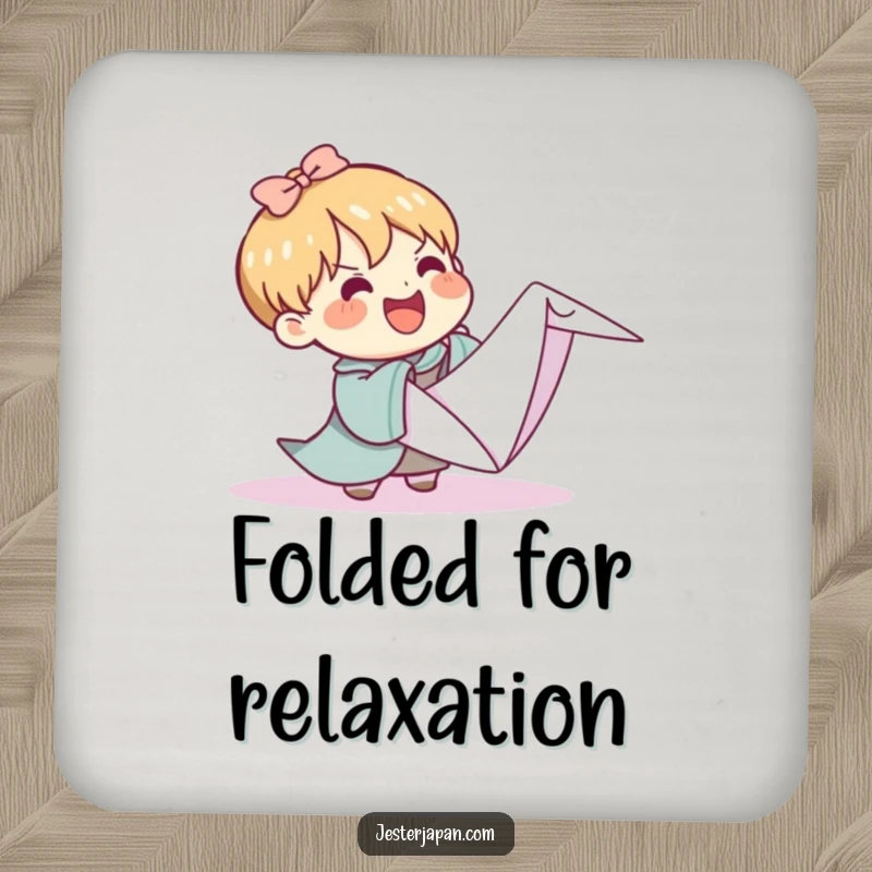 Funny Kawaii coasters showing a character struggling with a massive origami crane, providing protection with a touch of crafty, humorous artistry.
