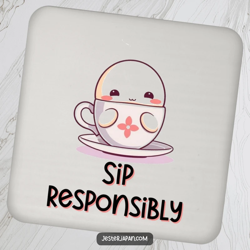 Funny Kawaii character sipping drink coaster, showing enjoyment of a steaming cup for cozy and humorous decor.