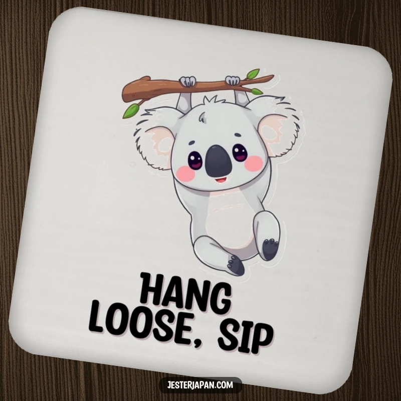 Funny drink coasters featuring a koala hanging upside down from a branch, offering protection with a humorous, chill vibe.