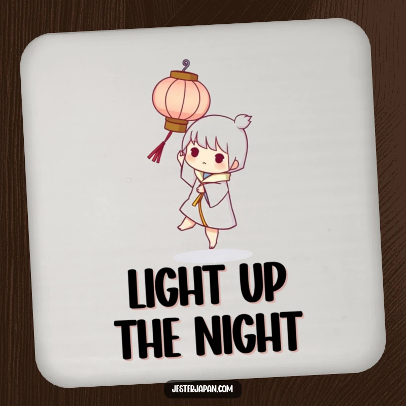 Funny drink coaster showing a character playfully balancing a small, stylized paper lantern, adding a touch of humorous elegance.