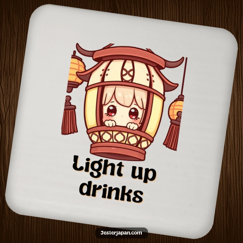 Funny Coaster: Little character peeking from a traditional lantern, eyes wide with wonder, protecting surfaces with charm.