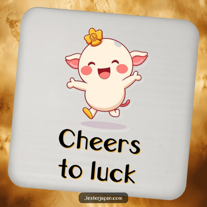 Funny drink coaster depicting a giggling lucky charm character hopping playfully with a wide smile, protecting surfaces with humor.