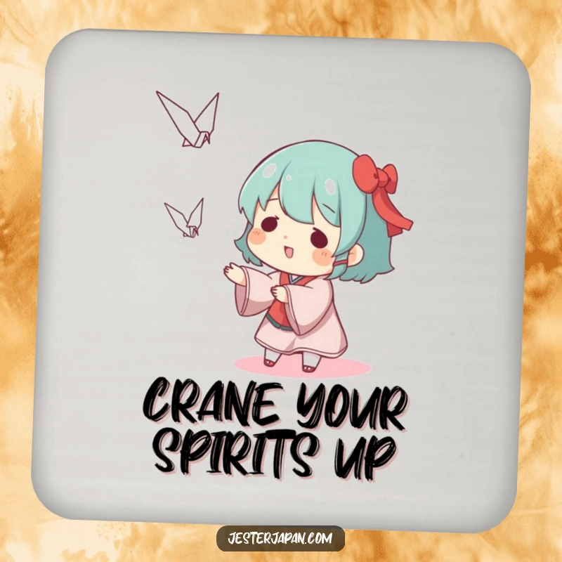 Funny coaster depicting a character playfully tossing a miniature origami crane, perfect for adding artistic humor to tables.