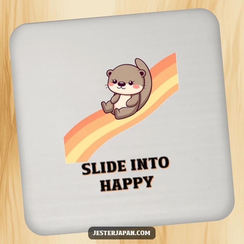 Set of funny otter characters sliding down rainbows on drink coasters, protecting surfaces with style and humor.