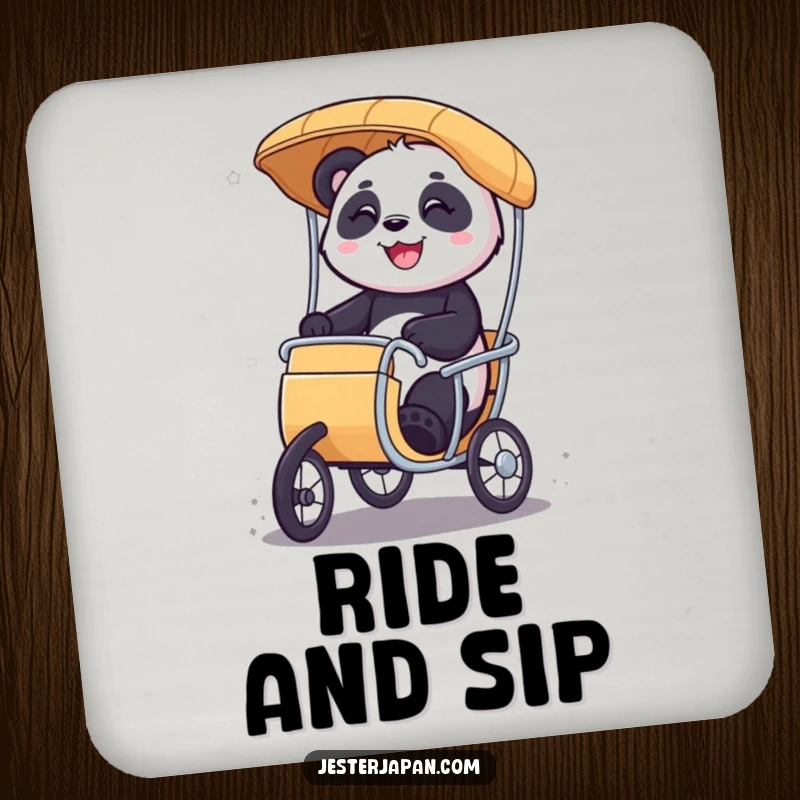 Funny Panda rickshaw coaster featuring a smiling character riding a miniature rickshaw with glee, offering stylish and protective table decor.