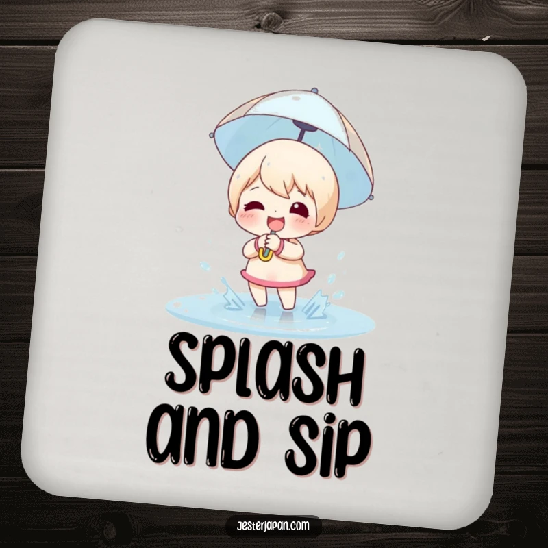 Funny Coaster: Character with a tiny umbrella, joyfully splashing in a puddle, smiling.