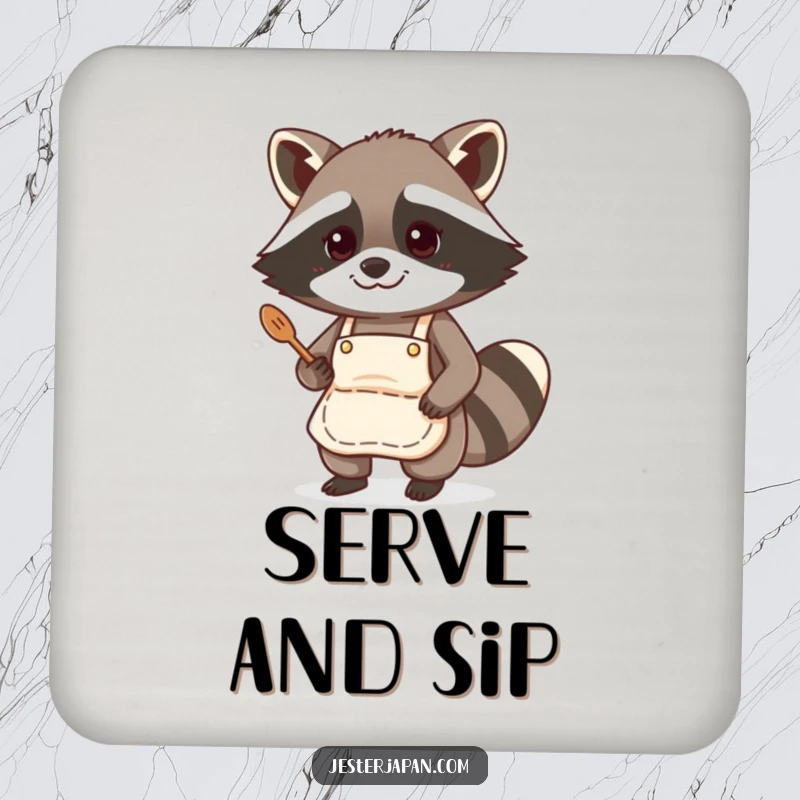 Funny drink coasters featuring a raccoon chef in an apron, cooking, offering protection with humorous kitchen flair.