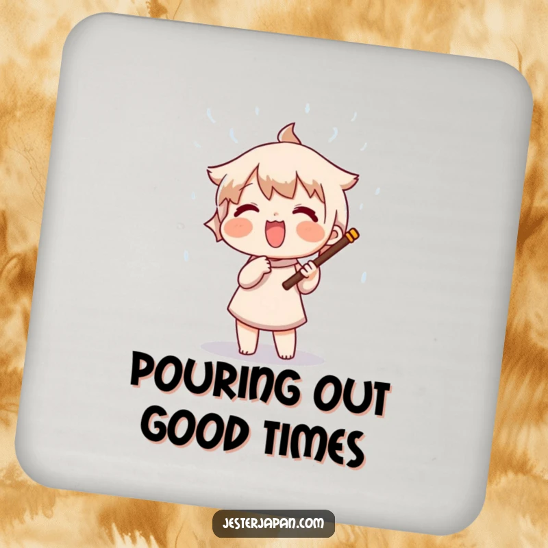 Funny drink coasters depicting a character shaking a rain stick, creating a whimsical shower of beads, adding a touch of calm fun.