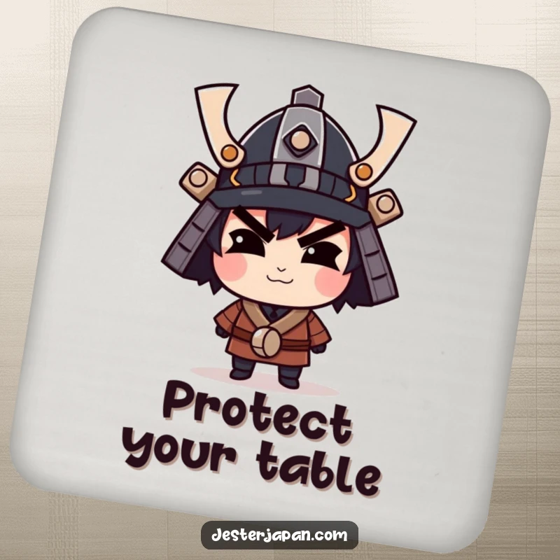 Funny drink coaster featuring a character smirking confidently under a tiny samurai helmet, adding warrior humor to drinks.