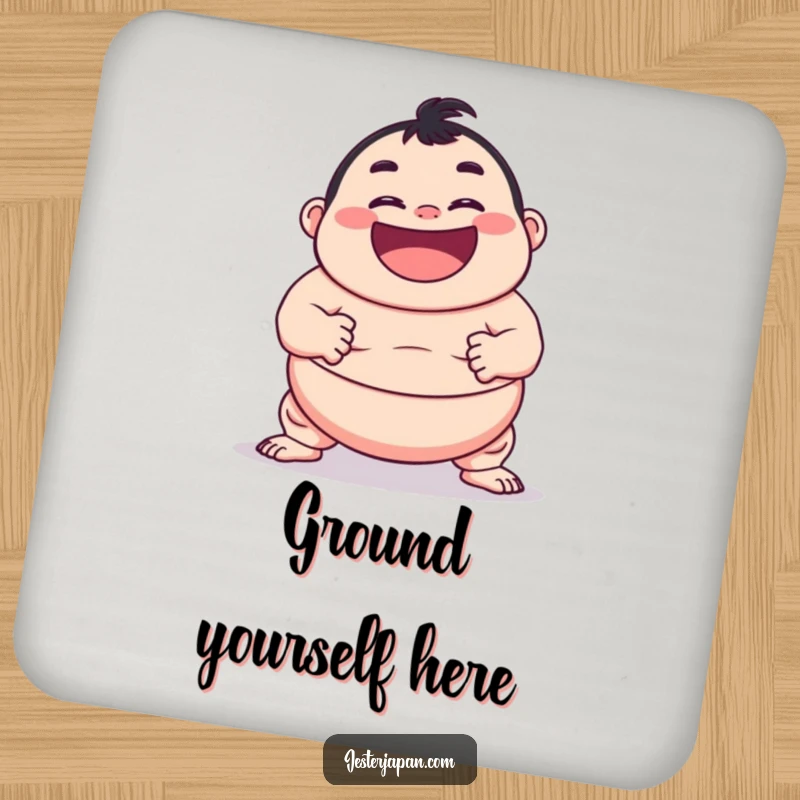 Funny drink coaster showcasing a character with a determined grin in a sumo pose, protecting surfaces with humor.