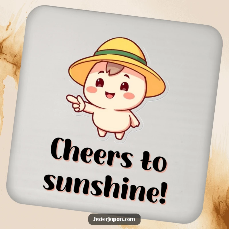 Funny coaster featuring a cheerful character in a sun hat pointing forward, adding a touch of playful optimism.