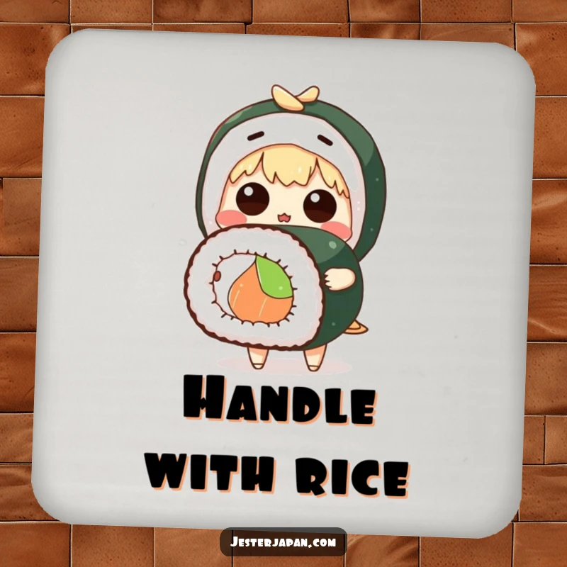 Funny drink coaster with a cute anime character showing surprise while holding a giant sushi roll, protecting surfaces.