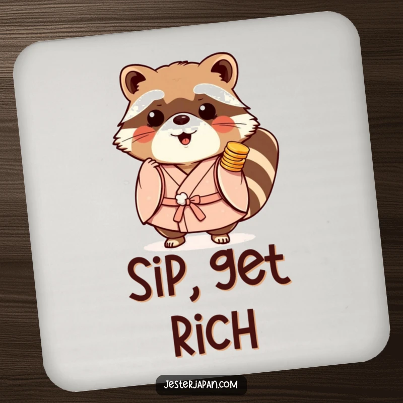 Funny Tanuki Kimono Coaster featuring a playful raccoon dog in a kimono, protecting surfaces with lucky coins.