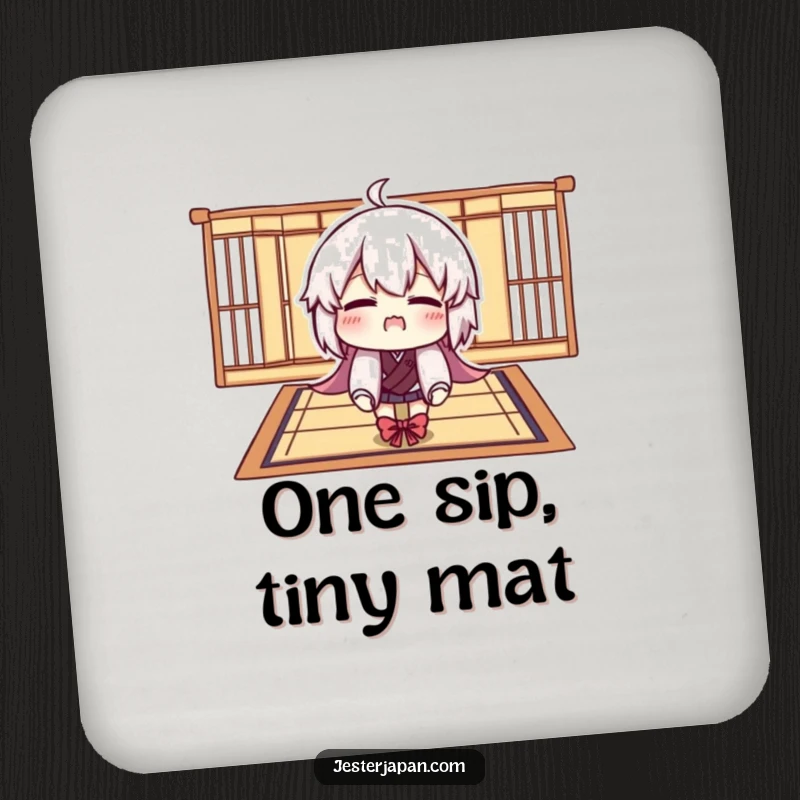 Funny drink coaster showing a character comically trying to fit onto a tiny Tatami mat, adding a humorous element.