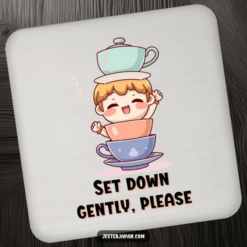 Funny drink coasters with a character comically balancing a precarious stack of tea cups, adding humor to any beverage setting.