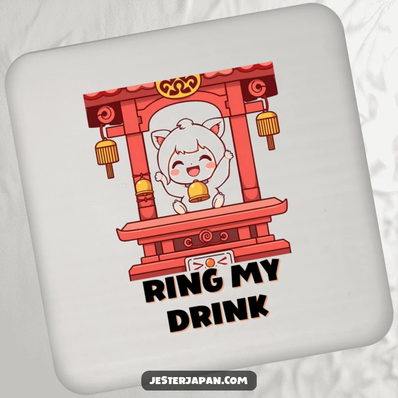 Funny drink coaster showcasing a character joyfully ringing a small temple bell, adding a peaceful and humorous element to your drink setup.