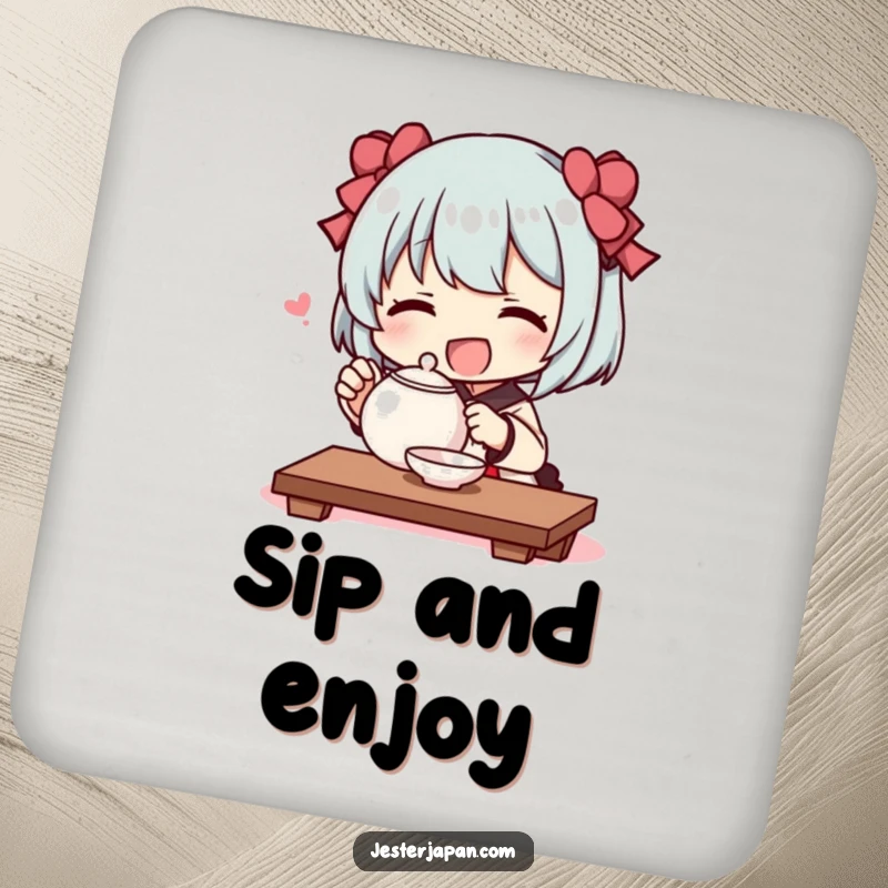 Funny drink coaster with a character joyfully performing a tiny tea ceremony with a small teapot, adding a touch of peaceful humor.