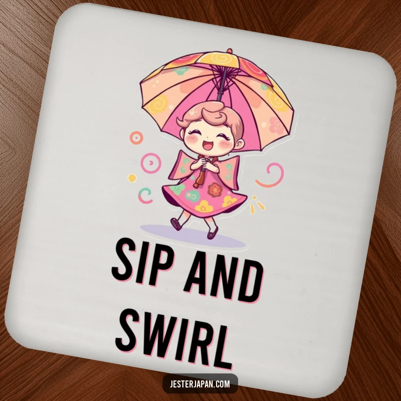 Funny drink coaster featuring a cheerful umbrella character dancing with swirling colorful patterns, protecting surfaces with fun.