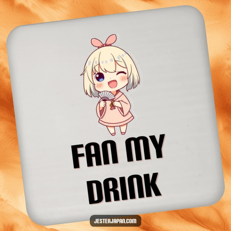 Funny drink coaster with a character enthusiastically waving a small paper fan, adding a touch of breezy happiness.