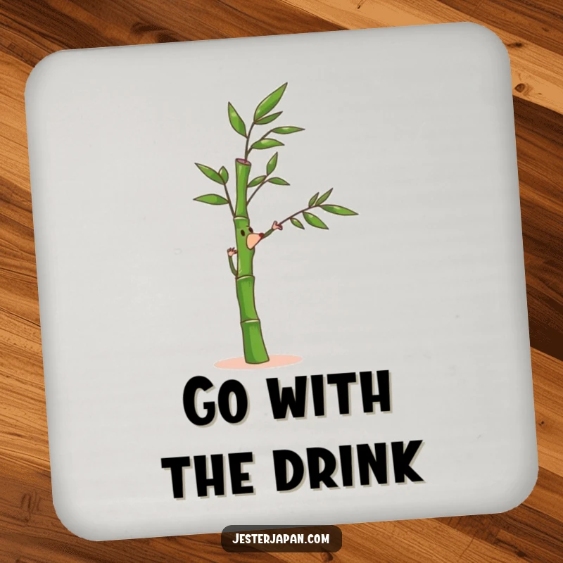 Funny Bamboo Coasters: Set protecting surfaces with a bamboo stalk character bending joyfully in a gentle breeze, adding zen.