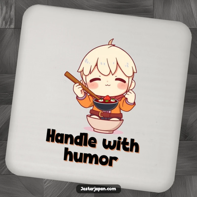 Funny drink coaster depicting a character comically failing to use oversized chopsticks, protecting furniture with humor.