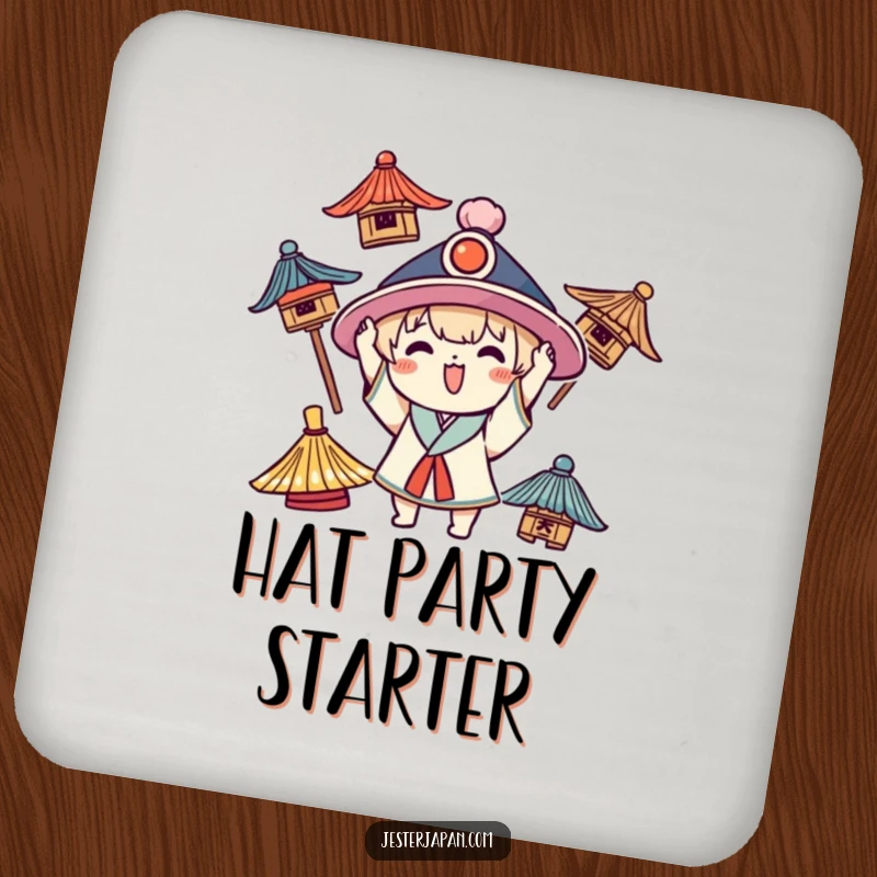 Funny Kawaii coaster with a character enthusiastically trying on various traditional hats, adding a playful vibe.