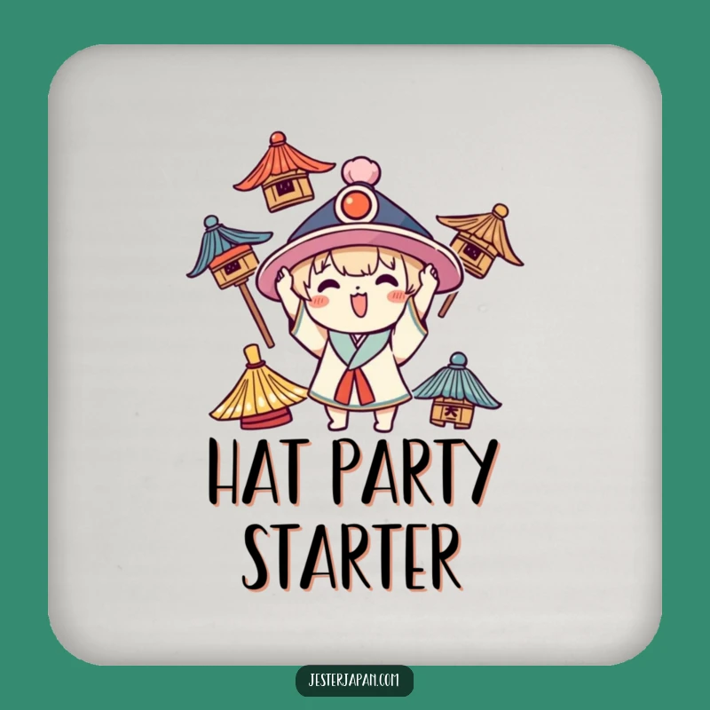 Funny Kawaii Hat Coaster: Character Trying on Hats Drink Accessory