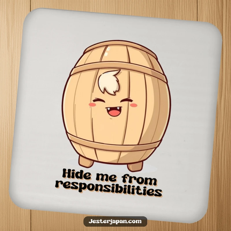Funny coaster featuring a mischievous character hiding behind a sake barrel, adding a touch of playful intrigue.