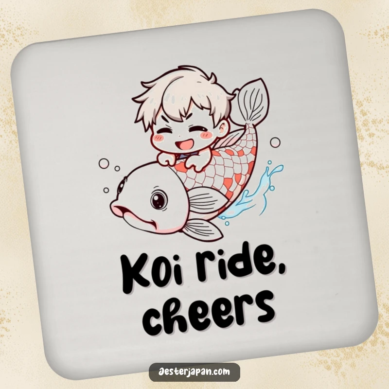 Funny Coaster: Kawaii character with a mischievous grin riding a giant koi fish, protecting surfaces with humor and style.