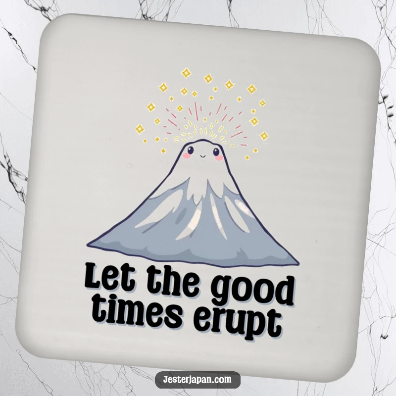 Funny drink coaster depicting a tiny Mount Fuji character with a vibrant sparkle eruption, protecting surfaces with humor.