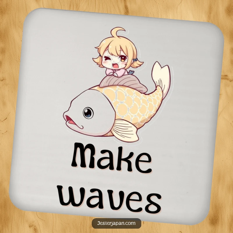 Funny drink coaster featuring a mischievous winking character riding a giant koi fish, adding humorous flair.